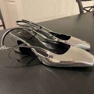 Zara Metallic Silver Sling Back Block Heels 41/9.5
